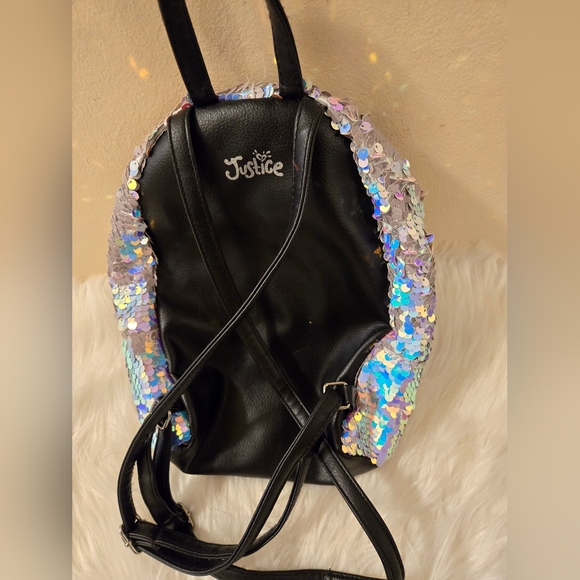 Justice Girls Mini Backpack Flip Sequin with Initial G, Silver & Pink Pom Pom - Picture 7 of 10